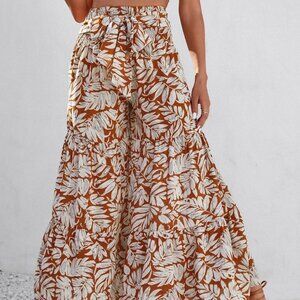 Rust Brown Boho Womens Plants Print Belted Wide Leg Pants